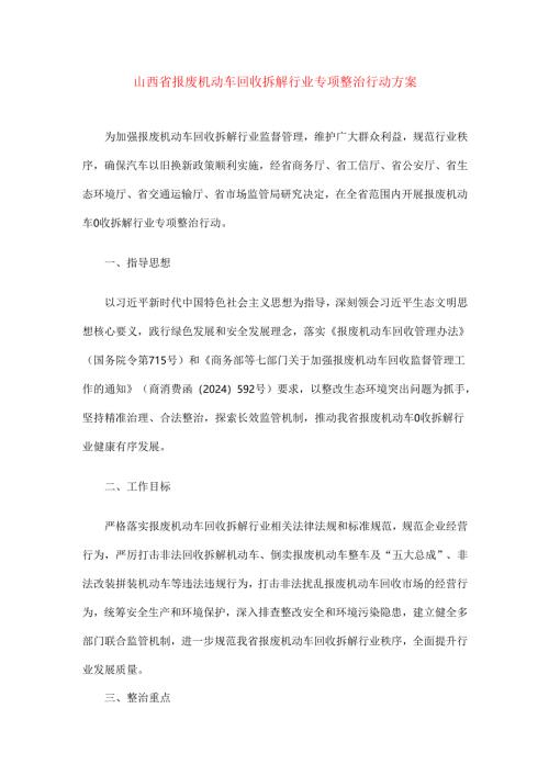 山西省报废机动车回收拆解行业专项整治行动方案.docx