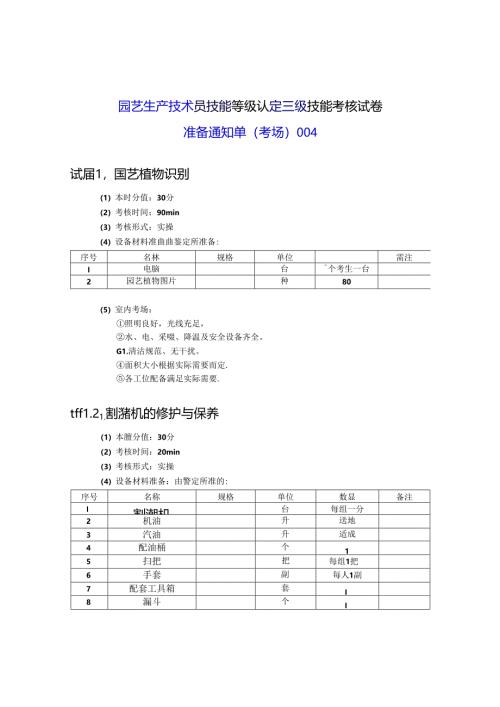 2024年山东省职业技能等级认定试卷 真题 农业技术员（园艺生产技术员）（三级）考场、考生准备通知单004.docx