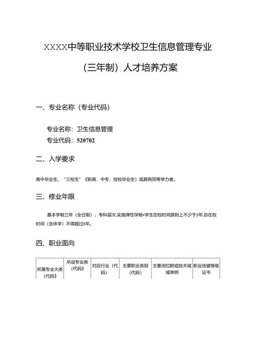中等职业技术学校卫生信息管理专业（三年制）人才培养方案.docx