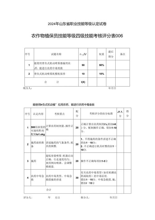 2024年山东省职业技能等级认定试卷 真题 样题-农作物植保员（病虫害防治工） 四级技能考核评分记录表.docx