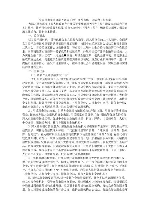 全市贯彻实施金融“四大工程”激发市场主体活力工作方案.docx
