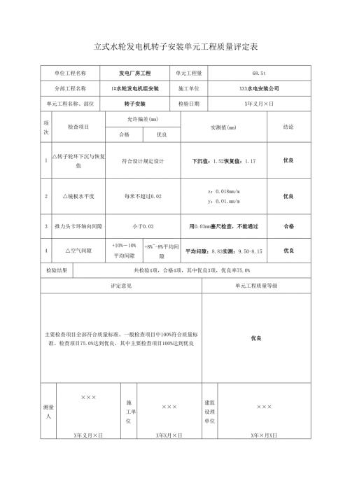 立式水轮发电机转子安装单元工程质量评定表.docx