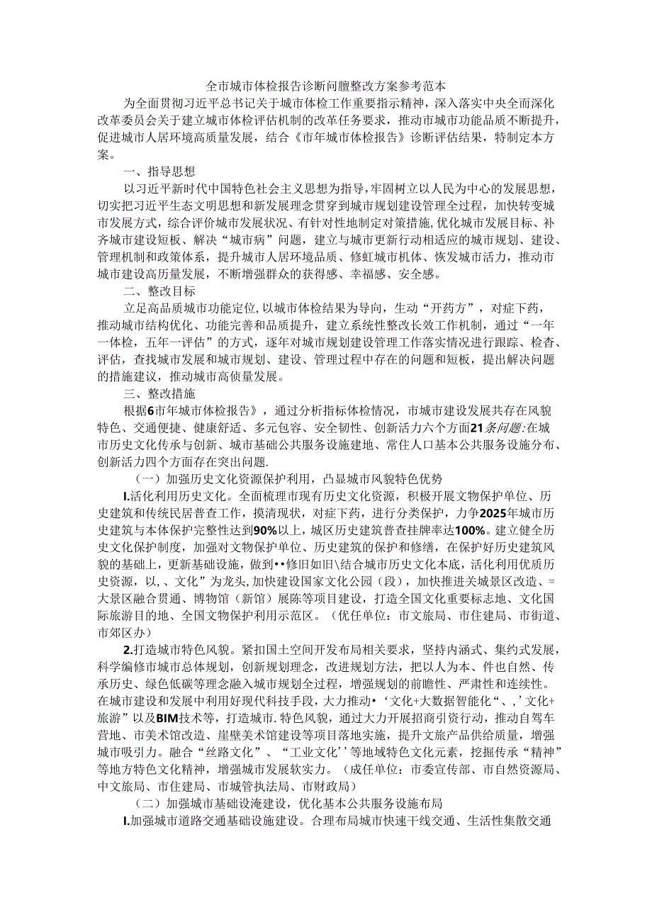 全市城市体检报告诊断问题整改方案 参考范本.docx_第1页