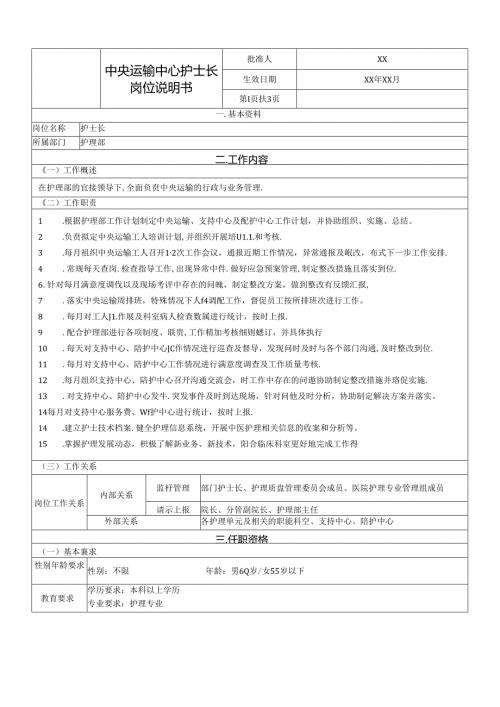 中央运输中心护士长岗位说明书.docx
