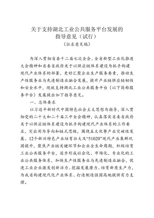 《关于支持湖北工业公共服务平台发展的指导意见（试行）（征求意见稿）》.docx