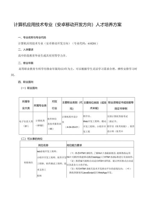 职业技术学院计算机应用技术（安卓移动开发）专业人才培养方案.docx