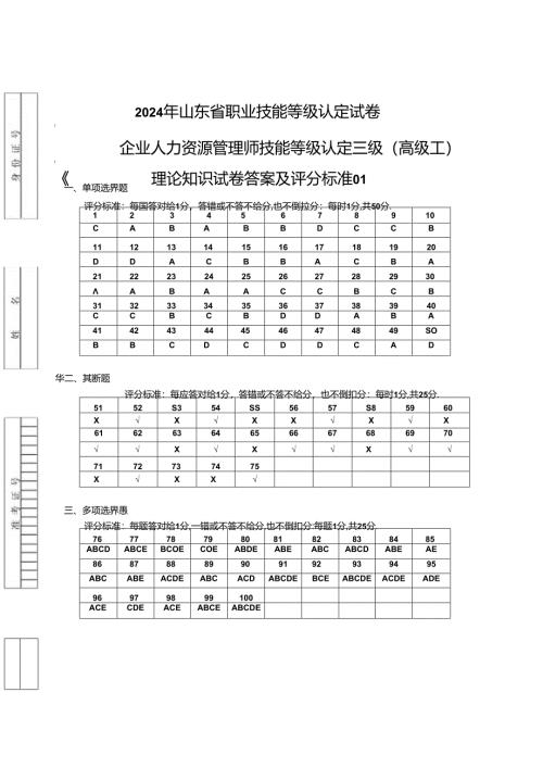 2024年山东省职业技能等级认定试卷 真题 企业人力资源管理师（三级）理论试卷答案（样题）.docx