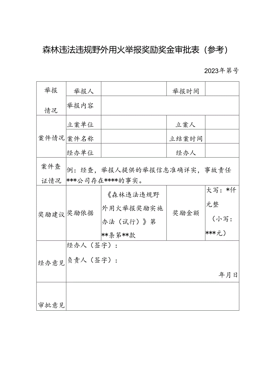 森林违法违规野外用火举报奖励奖金审批表 (参考).docx_第1页