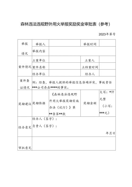 森林违法违规野外用火举报奖励奖金审批表 （参考）.docx