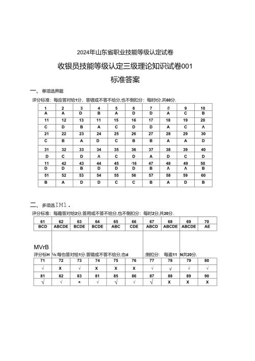 2024年山东省职业技能等级认定试卷 真题 收银员三级理论答案（样题）.docx