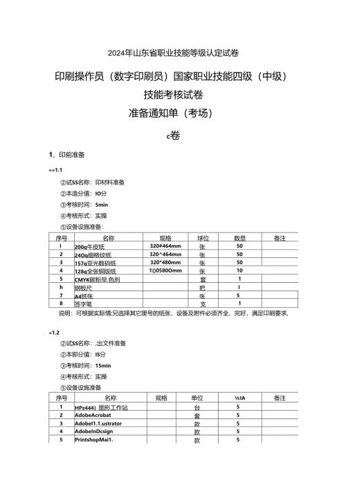 2024年山东省职业技能等级认定试卷 真题 印刷操作员（数字印刷员） 三级（中级）技能考核C卷-考场准备通知单.docx
