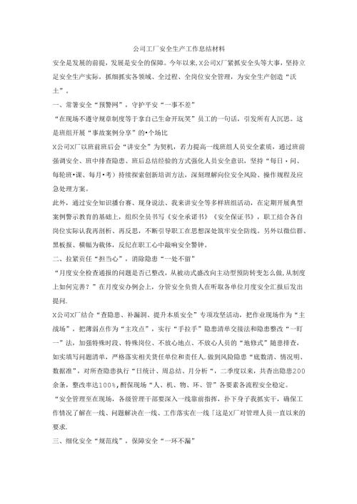 公司工厂安全生产工作总结材料.docx