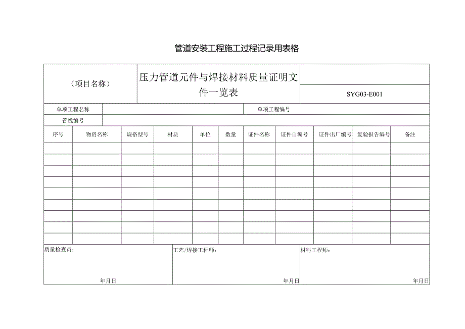 管道安装工程施工过程记录用表格.docx_第1页