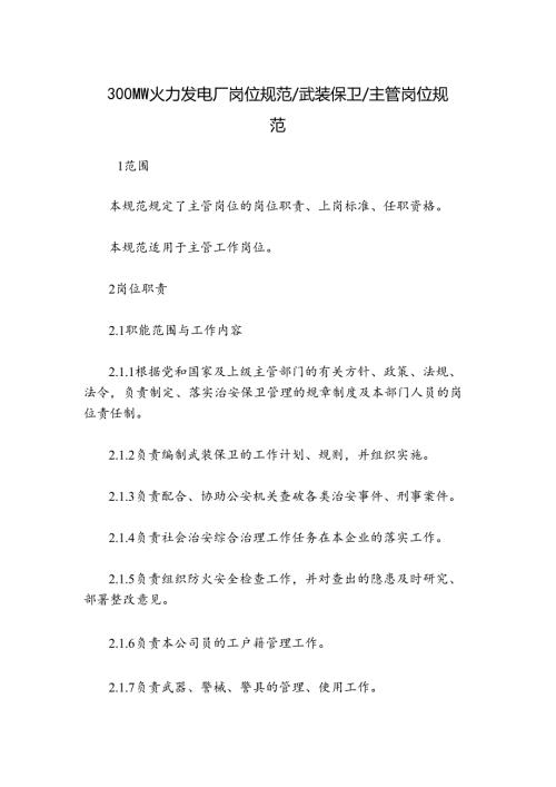 300MW火力发电厂岗位规范武装保卫主管岗位规范.docx