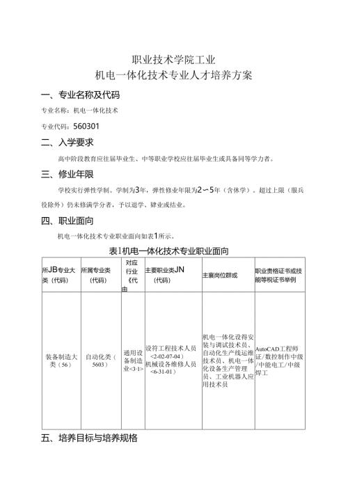职业技术学院机电一体化技术专业人才培养方案.docx
