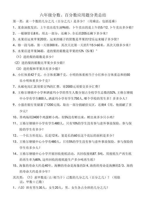 六年级上分数百分数应用题分类总结.docx