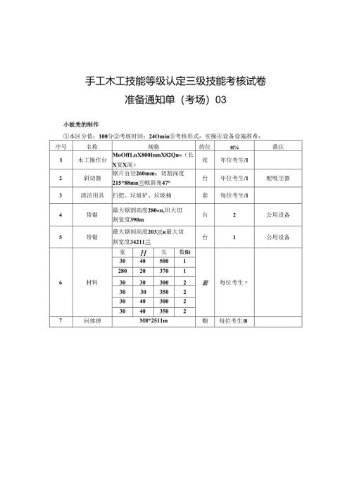 2024年山东省职业技能等级认定试卷 真题 手工木工高级考场、考生准备通知单3.docx