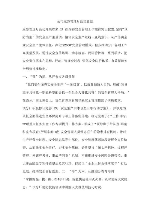 公司应急管理月活动总结.docx