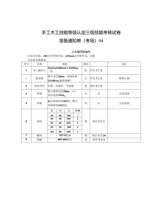 2024年山东省职业技能等级认定试卷 真题 手工木工高级考场、考生准备通知单4.docx
