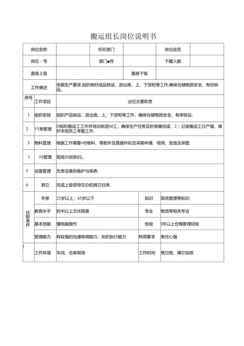 搬运组长岗位说明书.docx
