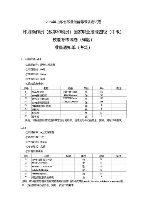2024年山东省职业技能等级认定试卷 真题 印刷操作员（数字印刷员） 三级（中级）技能考核样题-考场准备通知单.docx