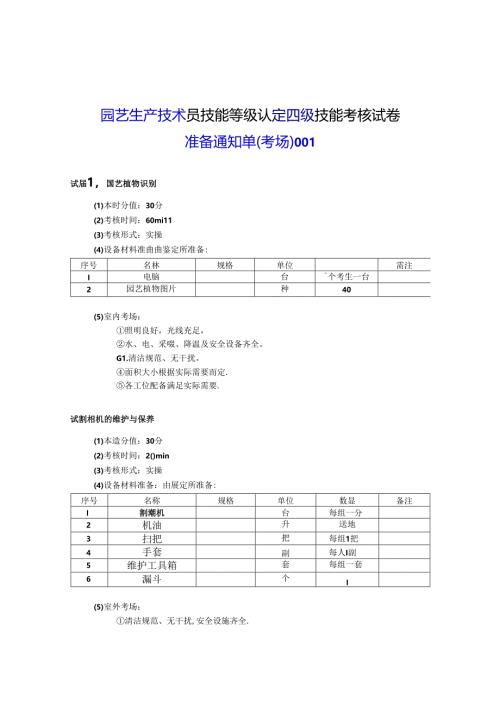2024年山东省职业技能等级认定试卷 真题 农业技术员（园艺生产技术员）（四级）考场、考生准备通知单.docx