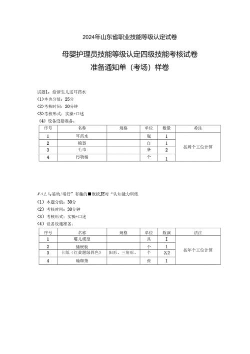2024年山东省职业技能等级认定试卷 真题 母婴护理员 中级操作技能样卷准备通知单 6.docx