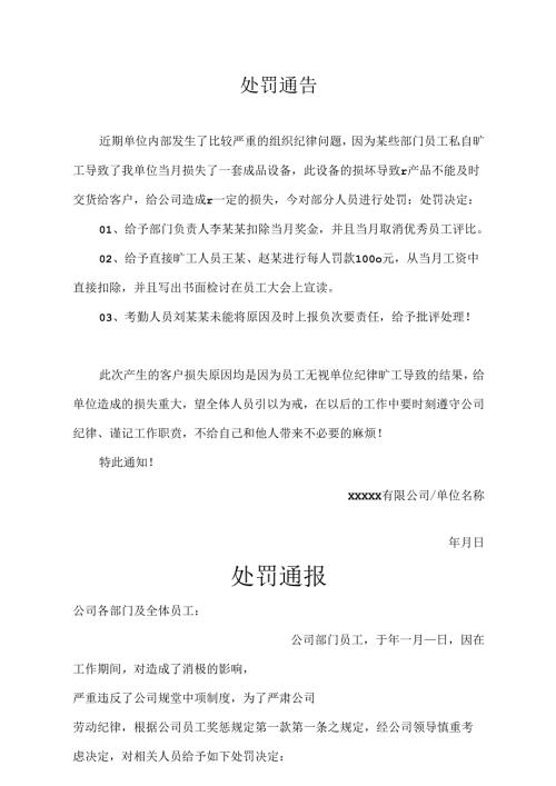 员工处罚通告模板参考精选5篇.docx