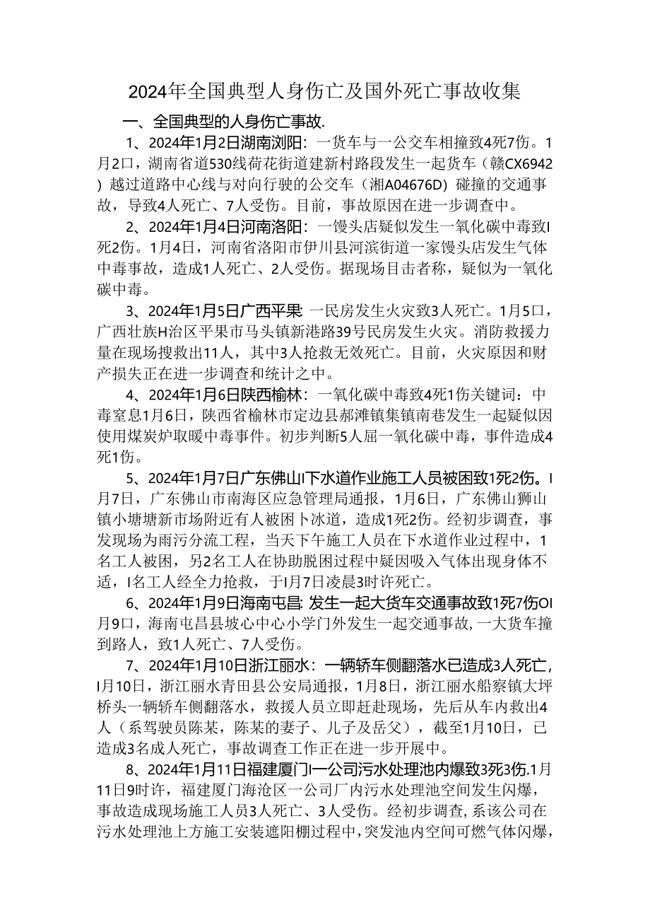 2024年全国典型人身伤亡及国外死亡事故收集(1-8月).docx_第1页