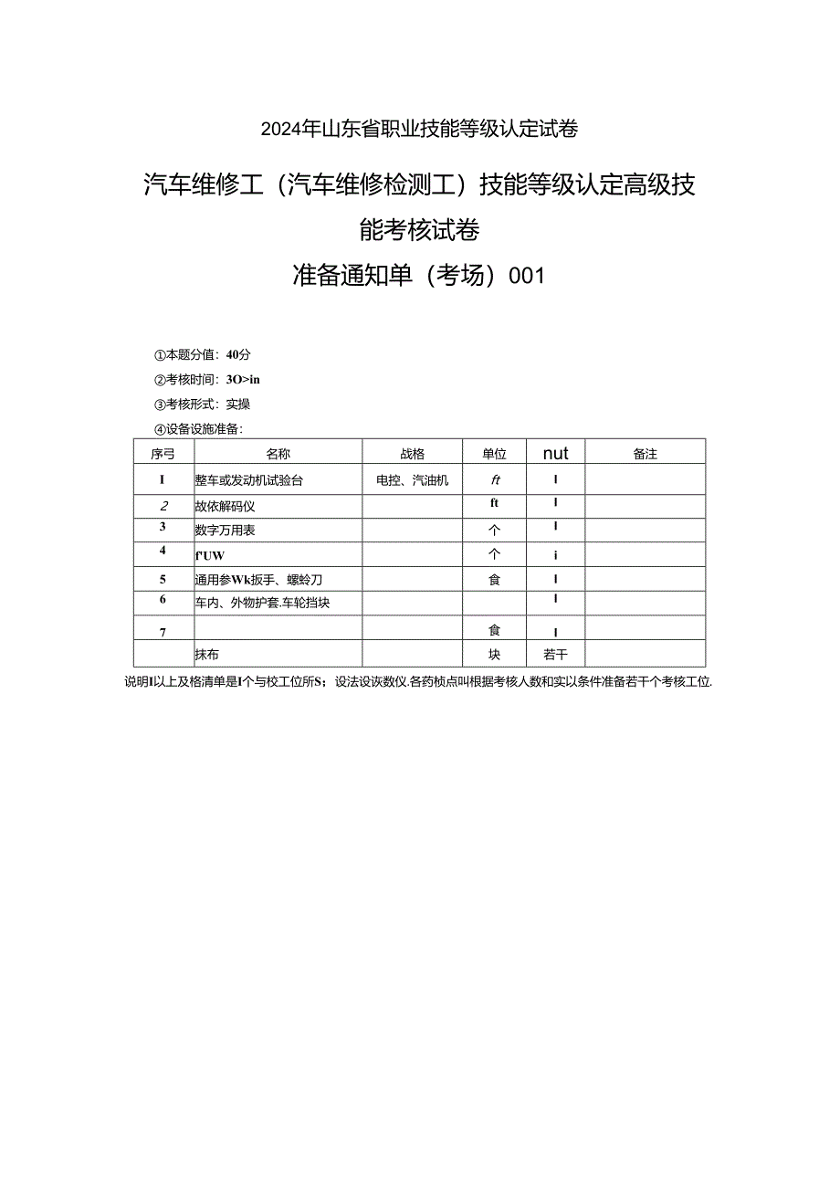 2024年山东省职业技能等级认定试卷 真题 汽车维修高级工考场准备通知单 ().docx_第1页
