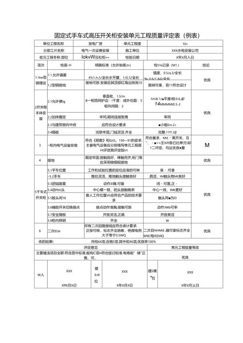 固定式手车式高压开关柜安装单元工程质量评定表.docx