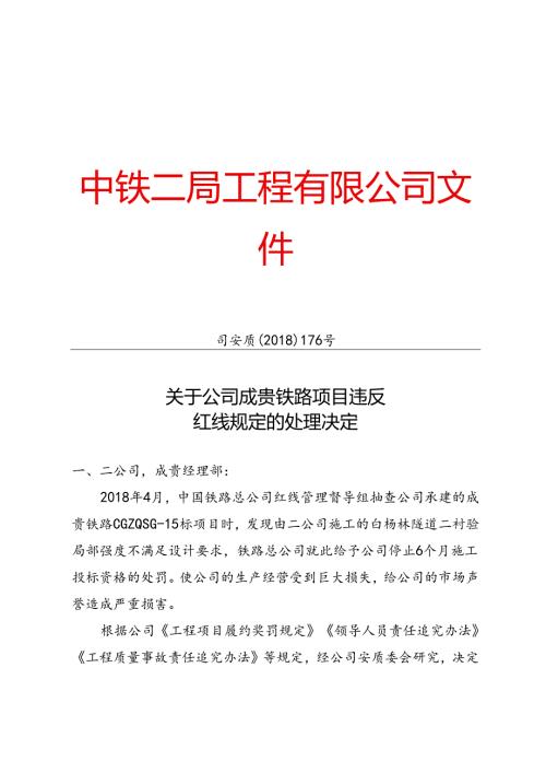 司安质〔2018〕176号关于公司成贵铁路项目违反红线规定的处理决定.docx