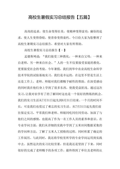 大学生暑假实习总结报告【五篇】.docx