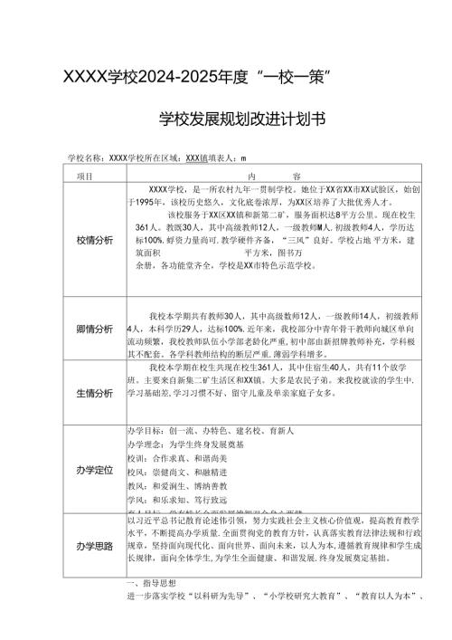 学校2024-2025年度“一校一策”——学校发展规划改进计划书.docx