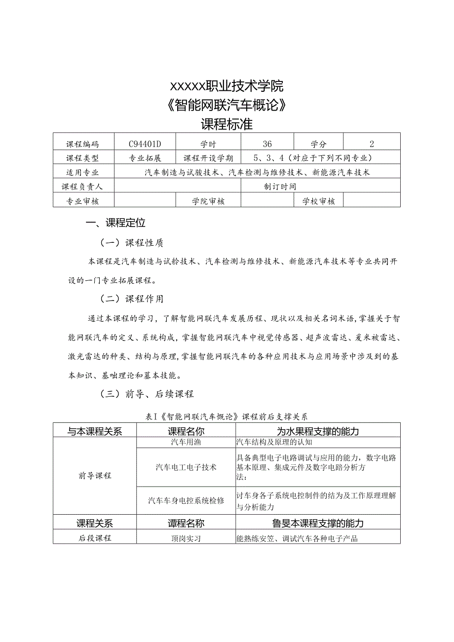 职业技术学院《智能网联汽车概论》课程标准.docx_第1页