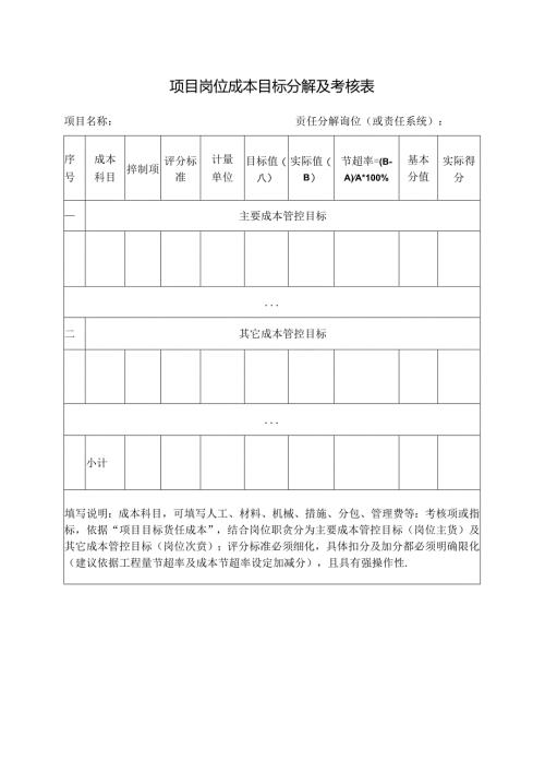 项目岗位成本目标分解及考核表.docx