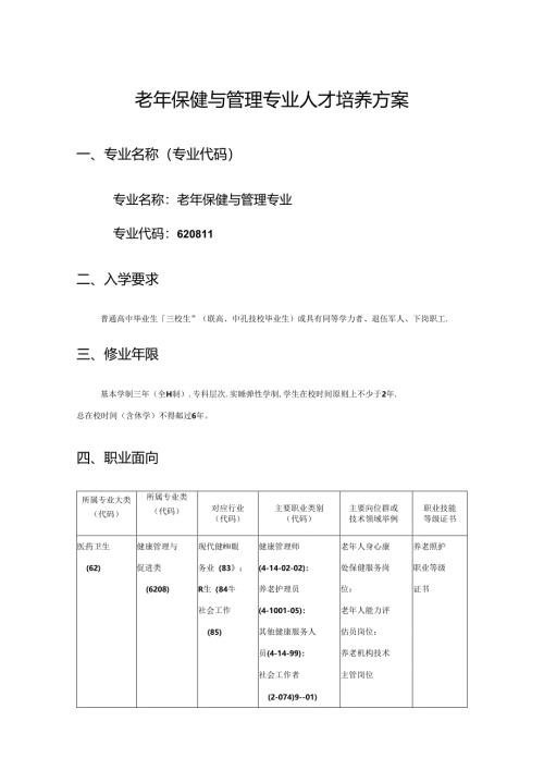 职业技术学校老年保健与管理专业人才培养方案.docx