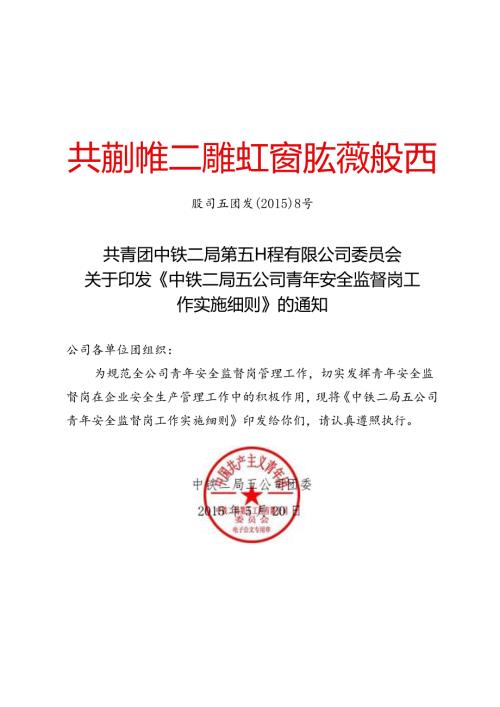 股司五团发〔2015〕8号-中铁二局五公司青年安全监督岗工作实施细则.docx