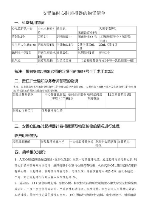 起搏器物资清单和相关注意事项.docx