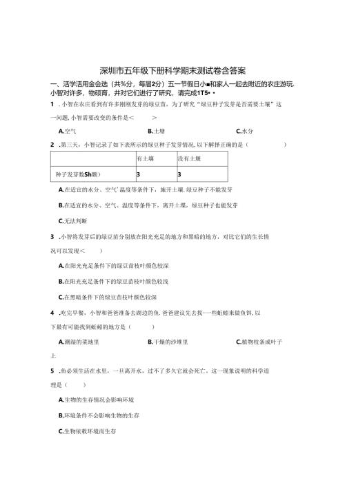 深圳市五年级下册科学期末试卷含参考答案（5篇）.docx