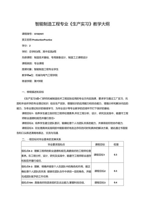 智能制造工程专业《生产实习》教学大纲.docx