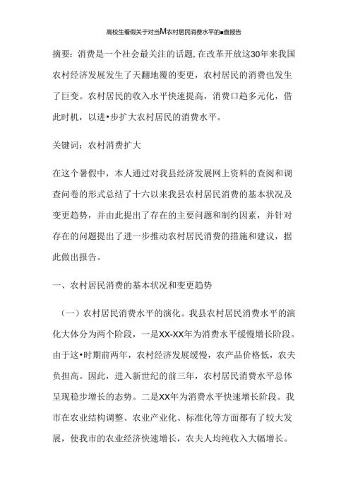 大学生暑假关于对当前农村居民消费水平的调查报告(精).docx