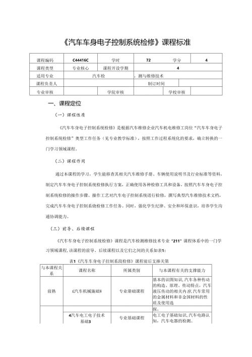 职业技术学院《汽车车身电子控制系统检修》课程标准.docx