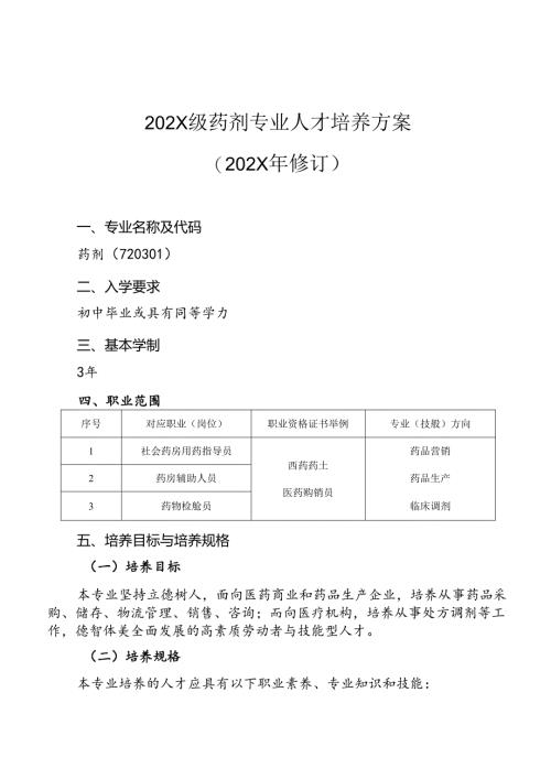 职业技术学校药剂专业人才培养方案.docx