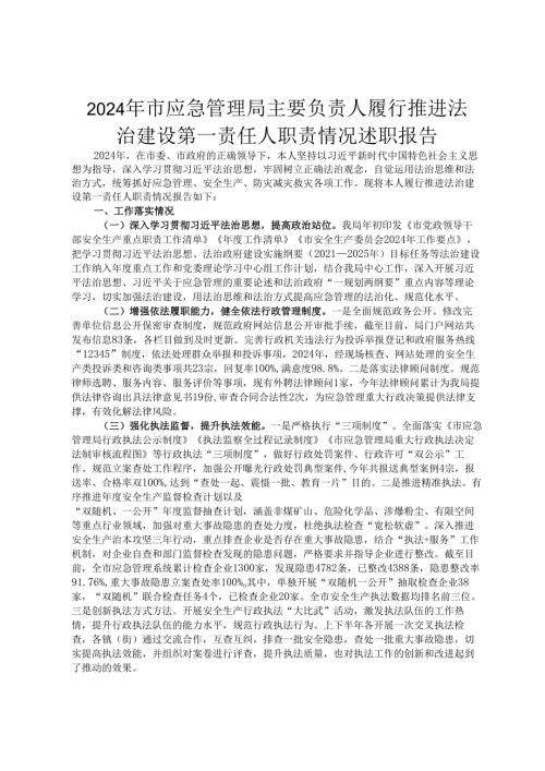 2024 年市应急管理局主要负责人履行推进法治建设第一责任人职责情况述职报告ding.docx