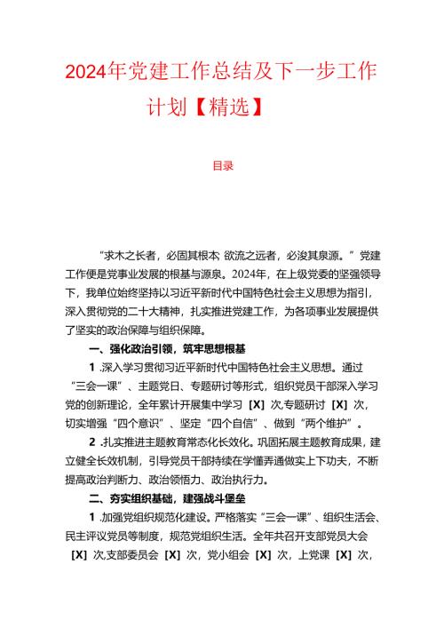 2024 年党建工作总结及下一步工作计划【精选】.docx