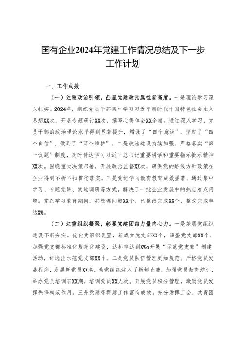 国有企业2024年党建工作情况总结及下一步工作计划 .docx