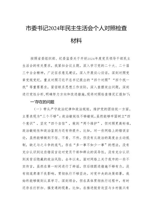 市委书记2024年民主生活会个人对照检查材料.docx