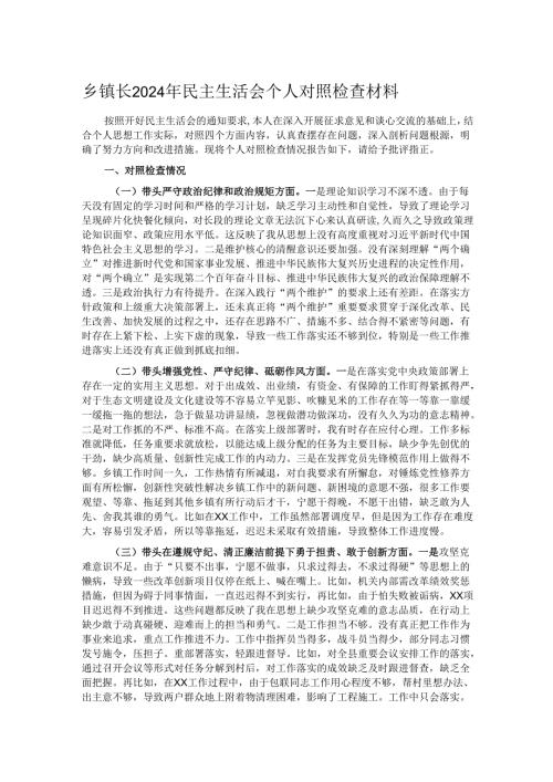 乡镇长2024年民主生活会个人对照检查材料.docx