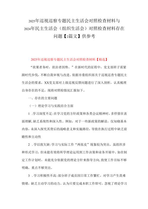 2025年巡视巡察专题民主生活会对照检查材料与2024年民主生活会(组织生活会)对照检查材料存在问题【2篇文】供参考.docx
